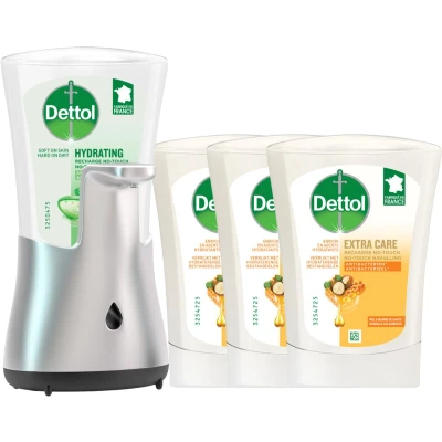 Afbeelding van Dettol Automatische Zeepdispenser No Touch &amp; 3x250ml Handzeep Navulling Aloe Vera, Sheabutter en Blue Lotus Voordeelverpakking