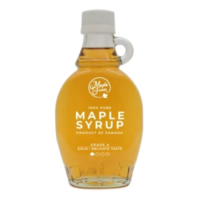 Image de MapleFarm Sirop d&#039;érable canadien pur Grade A, Doré, goût délicat Bouteille de 189 ml (250 g) Pure maple syrup Jus