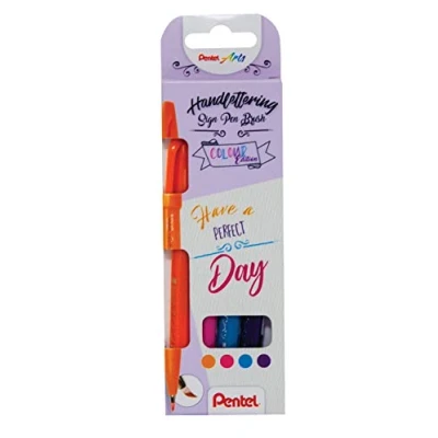 Afbeelding van Pentel Brushpen Sign Pen Brush Touch, Kartonnen Etui Met 4 Stuks: Oranje, Roze, Turkoois En Paars