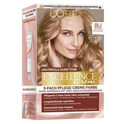 Afbeelding van L&#039;Oréal Paris Permanente kleuring voor alle huidtinten, ammoniakvrije kleuring, universele nude met volledige dekking van grijs haar, crème Excellence nr. 8U lichtblond (blond)
