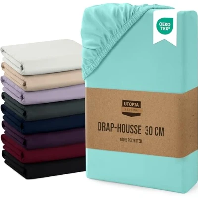 Afbeelding van Utopia Bedding Hoeslaken, met overslag van 30 cm, eenvoudig onderhoud, zachte geborstelde microvezelstof, krimpbestendig en vervaagt niet (140 x 200 spa blauw)
