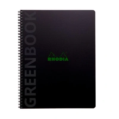 Image de Cahier A4 Clairefontaine Rhodiactive Greenbook recyclé et recyclable avec 160 pages perforées lignées marge cadre en tête 22,5 x 29,7 cm Noir