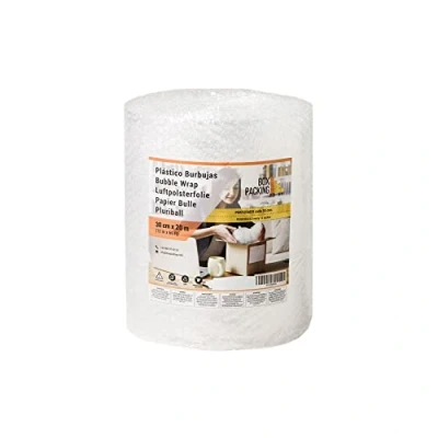 Afbeelding van BOXPACKING Luchtkussenfolie voor verhuizing 30 cm breed x 20 m lang Kartonnen verpakking Bubbel Predecoupe