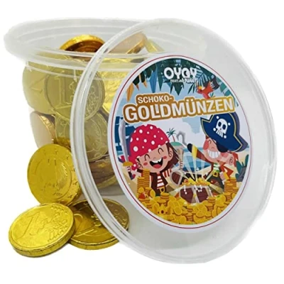 Image de 510 g de pièces d&#039;or en chocolat au lait dans un seau Oyoy I environ 68 grains Goldtaler Idéal comme petit cadeau, pour la chasse trésor et les anniversaires d&#039;enfants