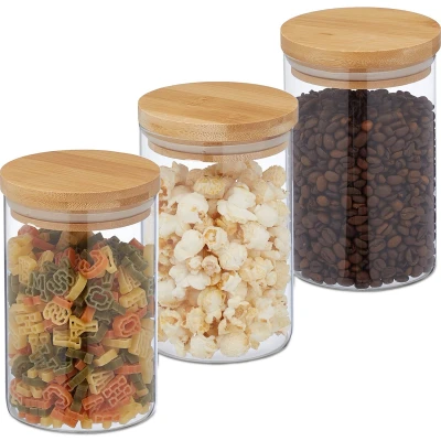 Afbeelding van Relaxdays voorraadpotten bamboe deksel 3 stuks glas 800 ml bewaarpotten rond luchtdicht