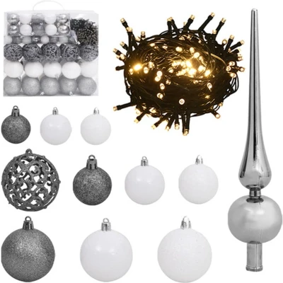Afbeelding van 120 delige Kerstballenset met piek en 300 LED&#039;s wit grijs