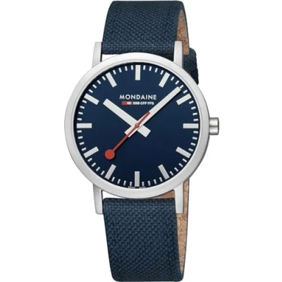 Afbeelding van Mondaine SBB Classic Mat staal (40 mm) Het Zwitserse horloge (A660.30360.40SBD), band, blauw zilver, Band