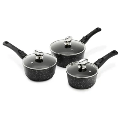 Afbeelding van Pradel Excellence PCUI001031 3 Casseroles Fonte d&#039;Aluminium Ø16,18,20cm, Couvercles Revêtement Anti Adhésif Façon Pierre Poignées Amovibles Tout Feu