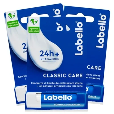 Afbeelding van Labello Classic Care lippenbalsem, klassiek, fondant, hydraterend, duurzaam, 24 uur, 3 sticks