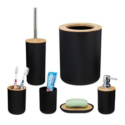 Afbeelding van Relaxdays 6 delige badkameraccessoires set bamboe badkamerset toilet accessoires zwart