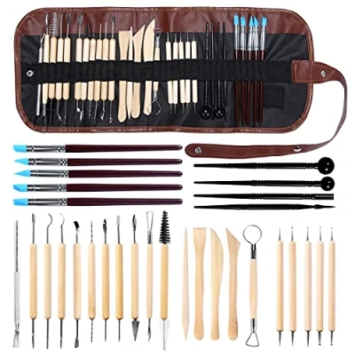 Afbeelding van mreechan Pottenbakkersgereedschap, 30 stuks, gereedschap van hout en roestvrij staal, aardewerk, snijgereedschap, klei, modelleren, keramiek, doe het zelf, voor beginners of professionals