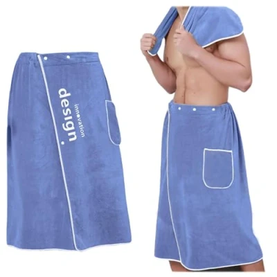 Afbeelding van ZHYUAN saunakilt voor heren van badstof, blauw, saunahanddoek heren, badstof met knopen opgestikte zak,