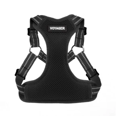 Afbeelding van Voyager Verstelbaar hondenharnas met reflecterende strepen door Best Pet Supplies, Sterk Full Body Vest, voorkomt trekken, riem D ring, ademend Zwart, S