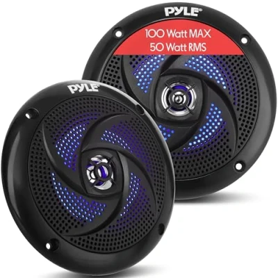 Afbeelding van Pyle Marine Speakers stereogeluidssysteem voor buiten, waterdicht, weerbestendig, met ledlampen, 100 W vermogen en laag profiel, slanke stijl, 1 paar, PLMRS43BL, zwart