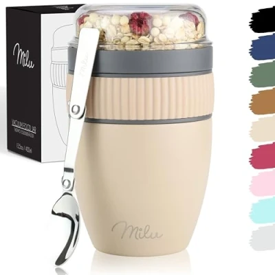 Afbeelding van Milu Mueslibeker om mee te nemen, 400 ml, roestvrijstalen thermosbeker voor yoghurt, muesli, lekvrije beker met lepel yoghurt/pap (beige)