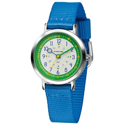 Afbeelding van Jacques Farel Leerhorloge voor kinderen, analoog, kwarts, met textielband en metalen behuizing, Happy Learning, KOP 03, Blauw, riem, riem