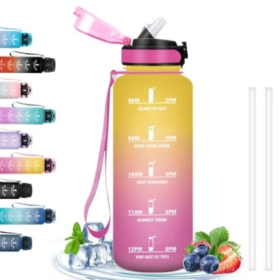 Image de Gourde de sport avec échelle temps, bouteille d&#039;eau paille, facile à nettoyer, pour sport, fitness, randonnée, camping, course