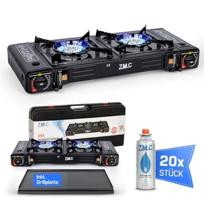 Afbeelding van Z.M.C Campinggasfornuis, 2 pits, met adapter voor lpg aansluiting + kookplaat van 45 x 24 cm 20 gaspatronen 227 g, campingkooktoestel piëzo ontsteking gebruik buiten en binnen