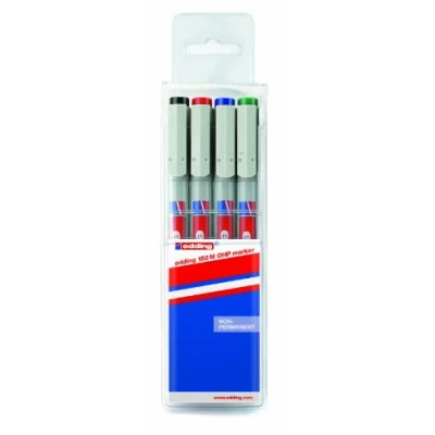 Afbeelding van edding 152 M non permanent pen set van 4 zwart, rood, blauw, groen ronde punt 1 mm schrijfstift voor glas, kunststof, folie en gladde oppervlakken sneldrogend, met water corrigeerbaar