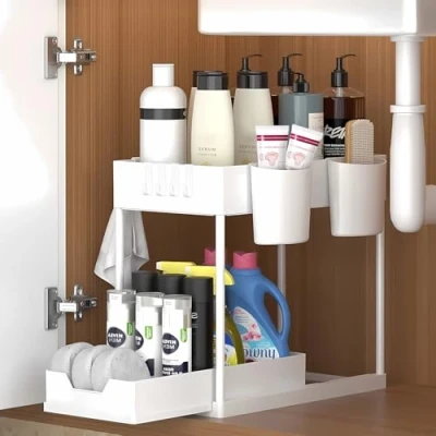 Image de KOOSREEL rangement sous Evier 2 Niveaux, Coulissant Organiseur Évier Etagere Tiroir,Panier de multifonction pour salle bain, étagère placard, lave vaisselle Blanc