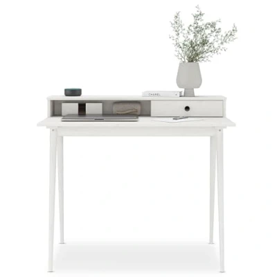 Afbeelding van IDIMEX Malina bureau van massief hout, wit, met opbergruimte en 1 lade, minimalistisch design, 100 x 75 cm
