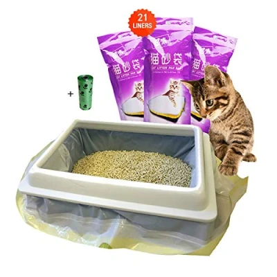 Afbeelding van CYchen Moliwen Kattenstrooizakken, 3 stuks (21 in totaal), 91,5 x 45,7 cm, zak met handgrepen voor middelgrote en grote kattentoiletten, 1 rol (15 stuks) vuilniszakken als cadeau