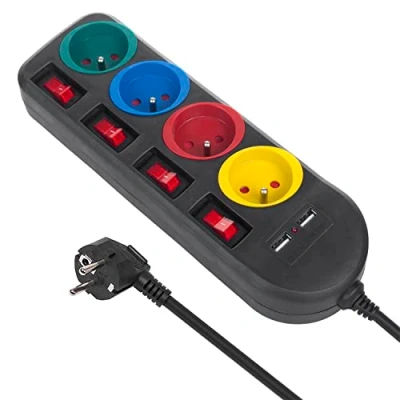Afbeelding van Maclean Stekkerdoos met schakelaars penaarde 4 voudig + 2x USB 250VAC/10A, 2,1A 5V 1.5m Zwart