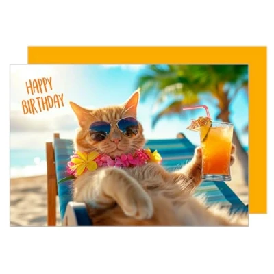 Afbeelding van Edition Seidel Hoogwaardige verjaardagskaart met envelop, wenskaart in diervorm, voor mannen en vrouwen, coole kat, strand, zee, cocktail, humor