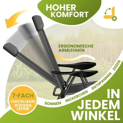 Afbeelding van KESSER® Set van 2 tuinstoelen, hoge rugleuning, aluminium klapstoel, 7 voudig verstelbaar met armleuningen, ademend, inklapbaar, campingstoel, balkonstoel, tuin, terras, antraciet