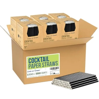 Afbeelding van 3000 stuks composteerbare cocktailrietjes van zwart papier 14,6 x 0,6 cm voor bars en restaurants