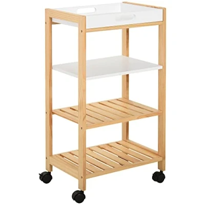 Afbeelding van HOMCOM Serveerwagen voor keuken, met wielen, 3 legplanken, afneembaar dienblad, grenenhout, MDF, wit