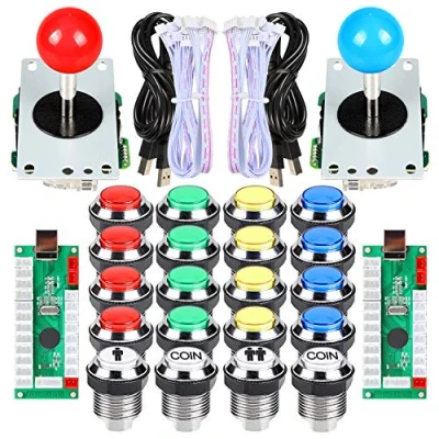 Afbeelding van EG STARTS 2 spelers Classic Arcade Contest Kit DIY USB Encoder voor PC Joystick + Chrome LED verlichte knop 1 en knoppen stuk Mame Raspberry Pi 3 3B Games