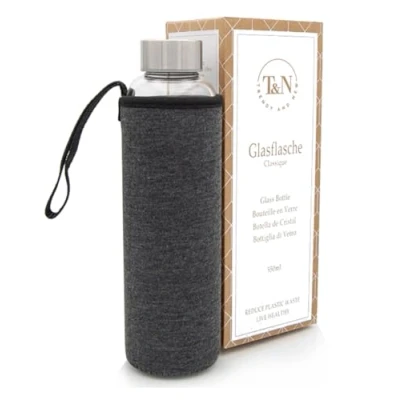 Afbeelding van glazen fles, 550 ml, drinkfles met neopreen hoes, lekvrij, van dikker borosilicaatglas, geschikt voor koolzuurhoudende dranken