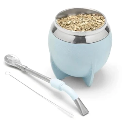 Afbeelding van BALIBETOV Mok en Bombilla Yerba Mate set, bevat een kalebas van roestvrij staal, premium kwaliteit reinigingsborstel (lichtblauw)