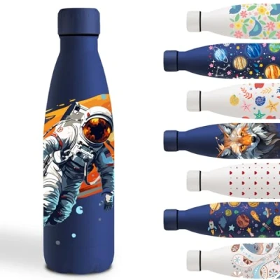 Afbeelding van Thermosfles voor kinderen, 500 ml, gepersonaliseerde thermosfles, metalen fles, lekvrij, kinderfles, staal, schoolfles, camping, fietsen, astronaut, blauw