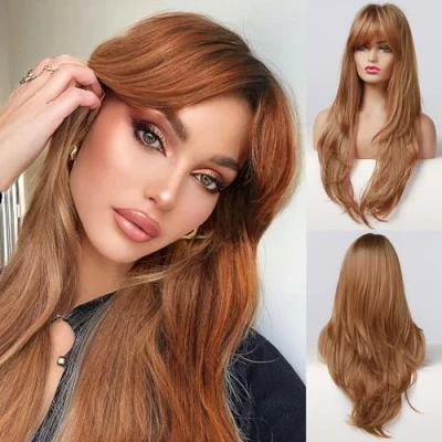 Afbeelding van Honygebia Auburn pruik met pony, oranje pruiken voor vrouwen, lang, glad en gelaagd haar, licht honingblond donkere wortels, natuurlijke synthetische Halloween/Kerstmis