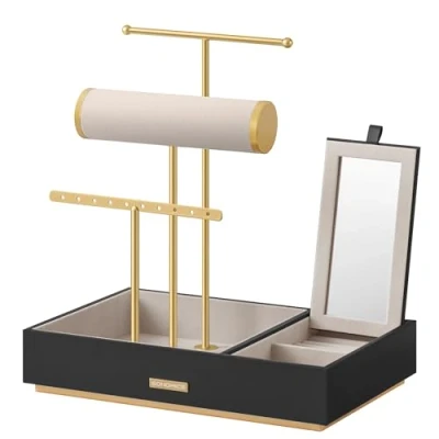 Afbeelding van SONGMICS Sieradenstandaard van metaal met spiegel, voor halskettingen, armbanden, oorbellen, ringen, Metalen stangen, basis MDF, fluweel