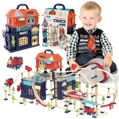 Afbeelding van sun baby Circuit met elektrische locomotief voor kinderen vanaf 3 jaar, speelgoed gesp, viaduct, brug, barrière, stationsgebouwen, bioscoop en winkels