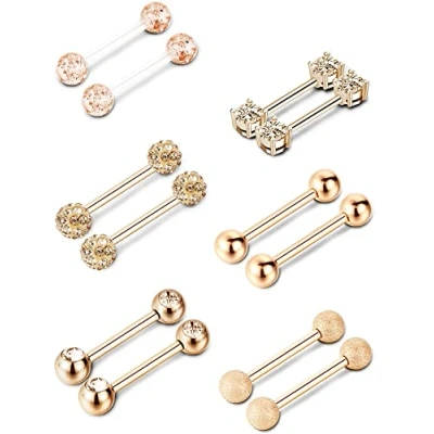 Afbeelding van 6 paar tongringen van roestvrij staal barbell ringen zirconia cubic nipplerings sieraden lichaamspiercing 14 gauge, zirkonia
