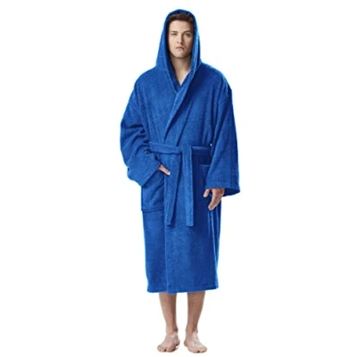Afbeelding van Badjas voor dames met kap, kuitlengte of enkel, badstof van 100% katoen, Oeko Tex gecertificeerd, Royal Blauw