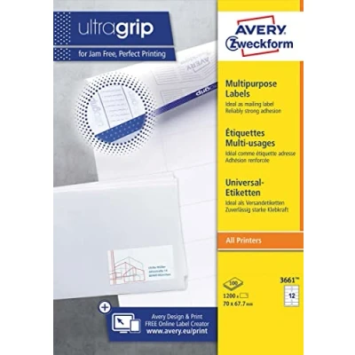 Afbeelding van Avery Zweckform 3661, Universele etiketten, Ultragrip, wit, 100 vel, 12 per 70 x 67,7 mm etiket