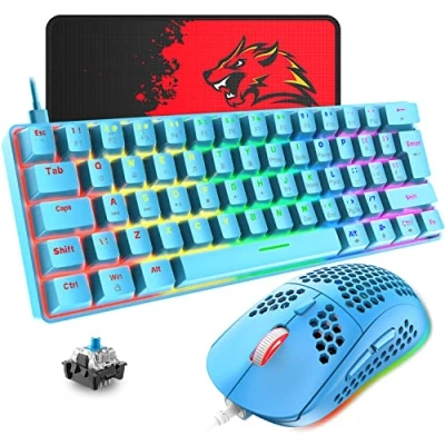 Afbeelding van 60% Mechanisch Toetsenbord Compact mini 62 Toetsen Bedrade USB C Regenboog Achtergrondverlichting Gaming + RGB 6400 DPI Muis lichtgewicht Mouse Muismat Blauw/Blauwe Schakelaar