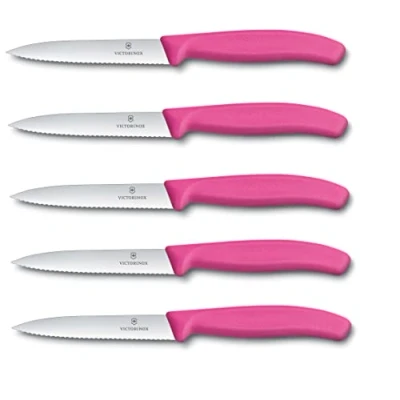 Afbeelding van Victorinox Swiss Classic groentemessenset, 5 stuks, roze, 10 cm met gekartelde rand, tomatenmes