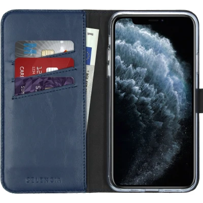 Afbeelding van Selencia Hoesje Geschikt voor iPhone 11 Pro Max Met Pasjeshouder Echt Lederen Bookcase Blauw