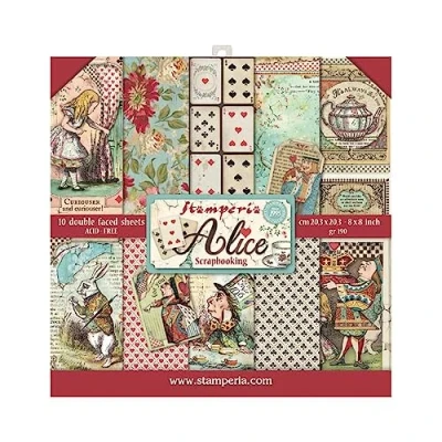 Afbeelding van Stamperia Papierblok, 10 vellen, 20,3 x (8 inch 8 inch), dubbelzijdig, Alice, meerkleurig