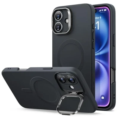 Afbeelding van ESR iPhone 16 siliconen hoesje met standaard, compatibel militaire bescherming, ingebouwde camerastandaard, magnetische telefoonhoes voor 16, Cloud serie, zwart