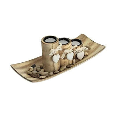 Afbeelding van Relaxdays Set van 3 theelichthouders met hart, dienblad en stenen, tafeldecoratie voor woonkamer eetkamer, bruin