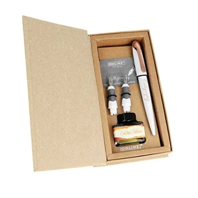 Afbeelding van Online 10062 Air White Rose Kalligrafie vulpen met converter, brede kalligrafiepunten in verschillende lijnbreedtes, goudkleurig inktglas, kalligrafiepen, geschenkdoos