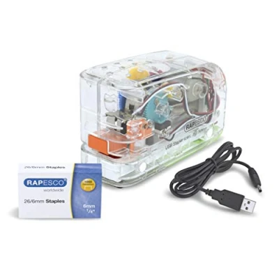 Afbeelding van Rapesco 626EL Elektrische nietmachine, 26/6, USB/batterij, transparant