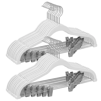 Afbeelding van SONGMICS CRF012W20 20 stuks fluwelen kleerhangers met verstelbare clips, 42,5 cm lang, antislip, ruimtebesparend, voor rokken, jassen, jurken, wit